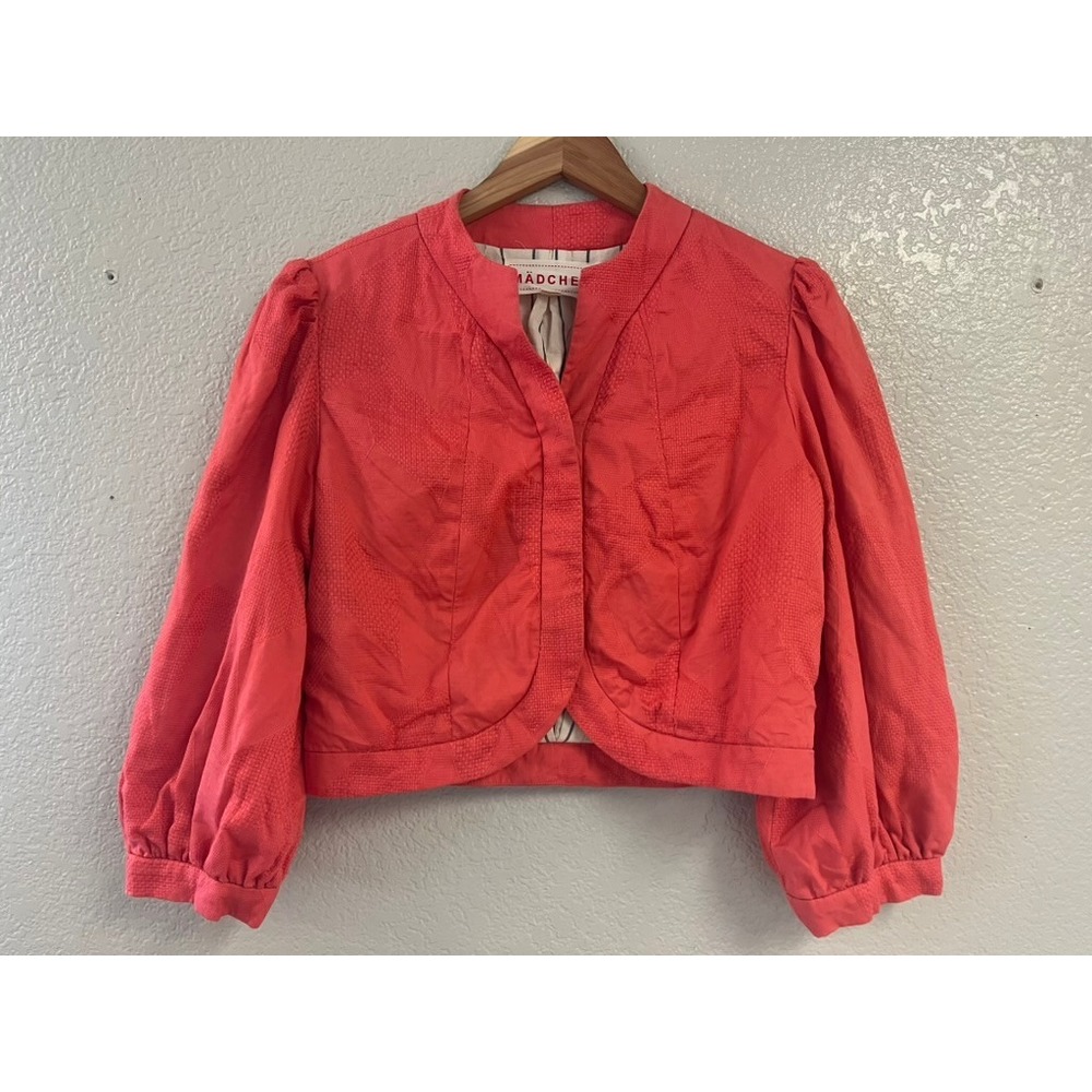 Madchen Anthropologie Coral Pink Textured Cropped Jacket Puff Sleeve Large